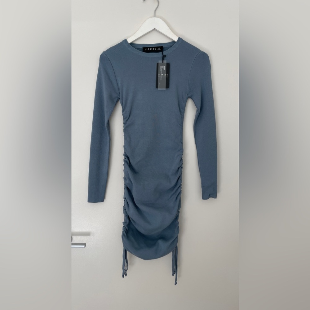 Lioness Military Minds Long Sleeve Mini Dress in Dusty Blue